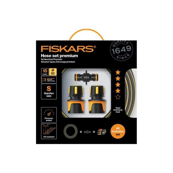Fiskars sodo žarnos komplektas Premium 3/8" 15m. 1027101