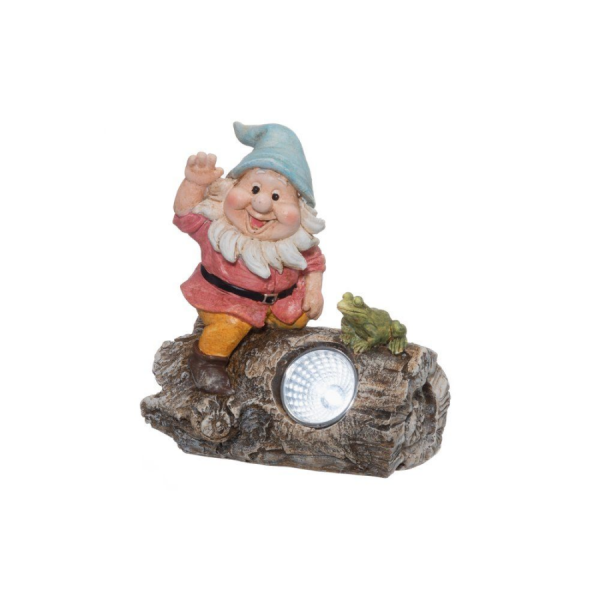 4 LIVING rūķa statuete uz celma ar saules lampu